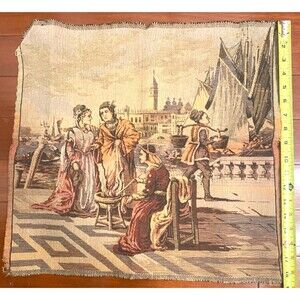 Vintage Italian Woven Wall Tapestry Art Venice Scene Women Water Ships Tower 20"